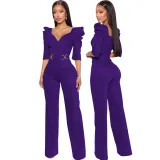 Sexy Fashion Solid Color Three-quarter Sleeve V-Neck Women's Jumpsuit