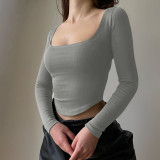 Long Sleeve Round U Neck T-Shirt Showing Breast Sexy Simple Casual Top