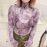 Fashion Stand Collar Print Sexy Mesh Slim Fit T-Shirt Top