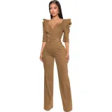 Sexy Fashion Solid Color Three-quarter Sleeve V-Neck Women's Jumpsuit