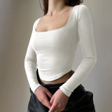 Long Sleeve Round U Neck T-Shirt Showing Breast Sexy Simple Casual Top