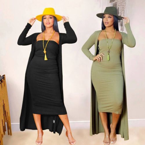 Solid color fashion tight sexy tube top bag hip skirt loose long coat two-piece set