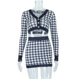 V-neck digital print houndstooth short top and hip skirt two-piece suit
