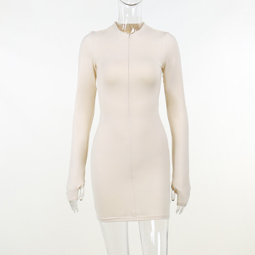 Knitted zipper stitched long-sleeved dress black high-waisted hip dress