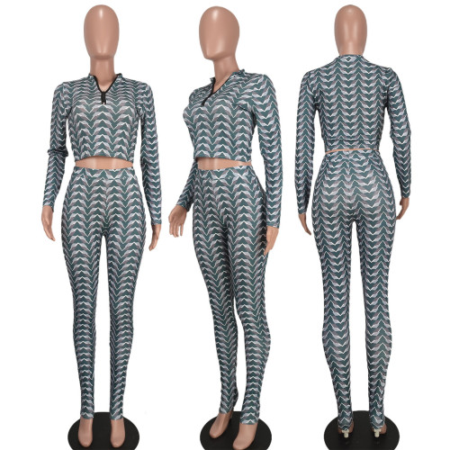 Fashion small pit strip geometric print trousers two-piece set