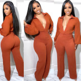 Solid Color Balloon Sleeve Shirt V-Neck Loose Neck Waist Straight Jumpsuit