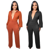 Solid Color Balloon Sleeve Shirt V-Neck Loose Neck Waist Straight Jumpsuit