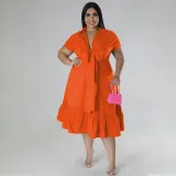 Plus Size Women's Solid Color Lapel Half Cardigan Top Fashion Lace Up Pleated Dress