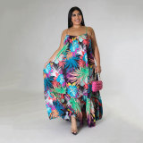 Sexy Off Shoulder Pleated Long Plus Size Women Fashion Print Sling Dress