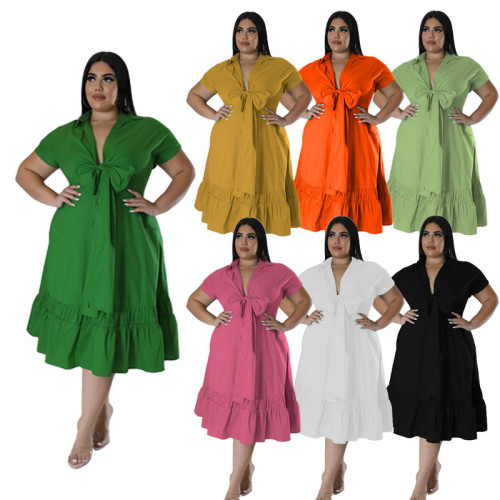 Plus Size Women's Solid Color Lapel Half Cardigan Top Fashion Lace Up Pleated Dress