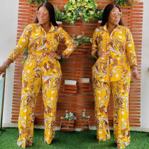Plus Size Women's Two Piece Fashion Print Casual Lapel Suit