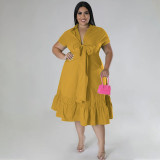 Plus Size Women's Solid Color Lapel Half Cardigan Top Fashion Lace Up Pleated Dress