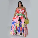 Sexy Off Shoulder Pleated Long Plus Size Women Fashion Print Sling Dress