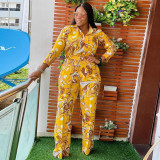 Plus Size Women's Two Piece Fashion Print Casual Lapel Suit