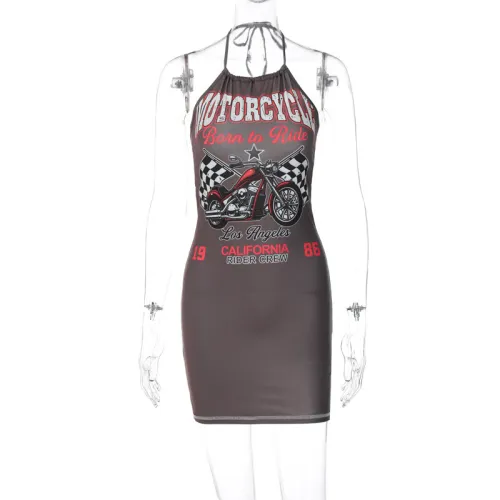 Biker print lace-up halterneck sexy revealing backpack hip dress