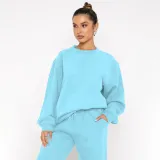 Solid Color Fleece Round Neck Pullover Long Sleeve Sweater Fashion Casual Pants Set