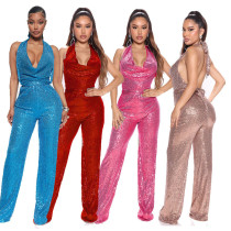 Women's Sleeveless Halter Sequin Tie Jumpsuit with Belt