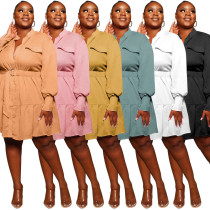 Solid Color Round Neck Single Breasted Women's Blouse Plus Size Women's Long Sleeve Pleated Dress