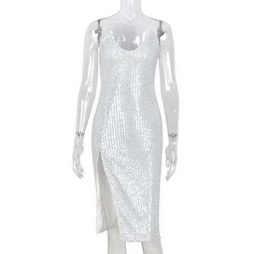 Sexy Double Shoulder Sequin Slit Slim Dress
