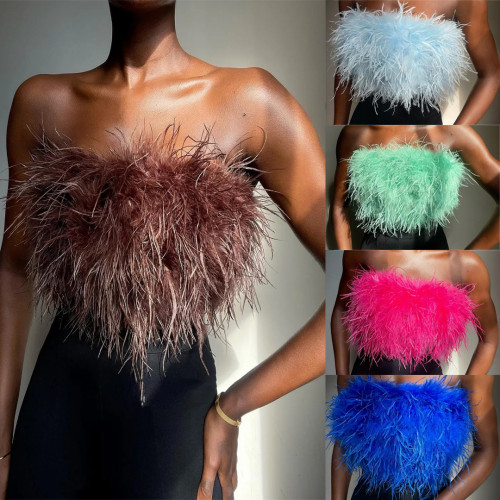 Fashionable Fluffy Multicolor Fur Tube Top Versatile Top