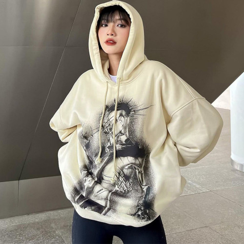 Fashion Print Casual Loose Hooded Long Sleeve Sweatshirt