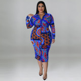 Plus Size Long Sleeve Long Dress Print Multicolor Casual Sexy Shirt