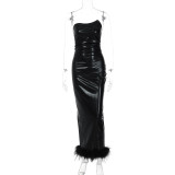 Sleek Faux Leather Tube Top Slim Frayed Slit Dress