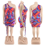 Plus Size Printed One Shoulder Sleeve Sexy Drawstring Hip Dress