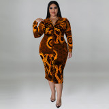 Plus Size Long Sleeve Long Dress Print Multicolor Casual Sexy Shirt