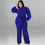 Plus Size Solid Color Balloon Sleeve Slanted Shoulder Belted Fashion Jumpsuit