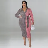Plus Size Long Sleeve Shirt Collar Colorblock Dress