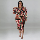 Plus Size Long Sleeve Long Dress Print Multicolor Casual Sexy Shirt