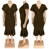 Personalized V-neck Solid Color Hip Pack Dress Dress
