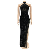Fashion Women's Sequin Perspective Solid Color Sleeveless Halter Dress