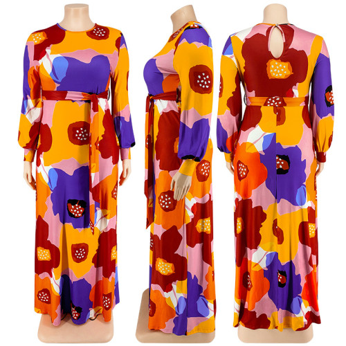 Plus Size Women's Long Sleeve Long Dress Big Flower Print Fashion Dress