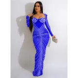 Fashion women's hot drill mesh see-through long-sleeved long dress