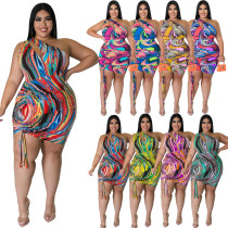 Plus Size Printed One Shoulder Sleeve Sexy Drawstring Hip Dress