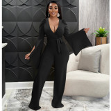 Solid Color Sexy Deep V Tie Ruched Wide Sleeve Trousers Jumpsuit