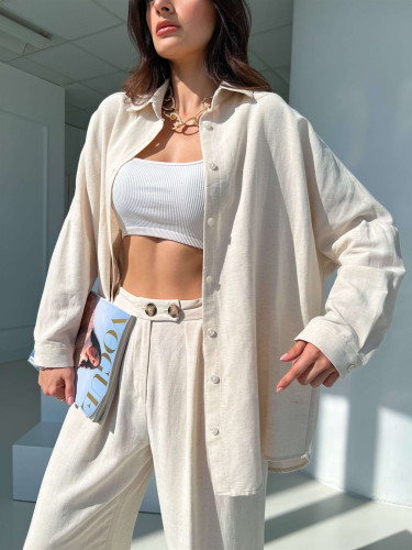 Linen Lapel Doll Sleeve Long Sleeve Shirt High Waist Straight Pants Casual Suit