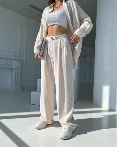 Linen Lapel Doll Sleeve Long Sleeve Shirt High Waist Straight Pants Casual Suit
