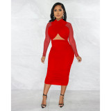 Fashion Women's Mesh Long Sleeve Solid Color Wrap Breast Cropped Navel Dress