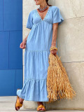 Solid Color V-Neck Loose Waist Short Sleeve Dress