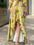 Temperament printed V-neck high-waisted long-sleeved dress long skirt