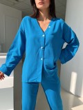 V-neck single-breasted long-sleeved shirt high-waisted cropped two-piece set