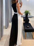 Black and white colorblock V-neck sleeveless high-waisted wide-leg jumpsuit