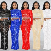 Fashion Women's Clothing Mesh Hot Drilling Perspective Long Sleeve Dress Two Piece Set