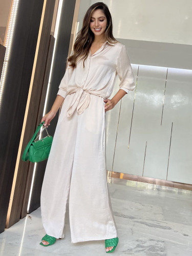 Lapel Long Sleeve Shirt Top Elastic High Waist Wide Leg Pants Two Piece Set