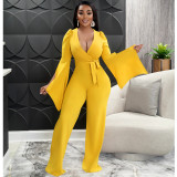 Solid Color Sexy Deep V Tie Ruched Wide Sleeve Trousers Jumpsuit