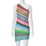 Colorful Printed One Shoulder Sleeveless Slim Fit Hip Dress