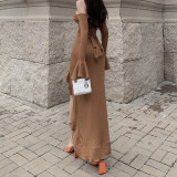 Solid halter neck off-the-shoulder flared-sleeve high-waisted side-opening french dress